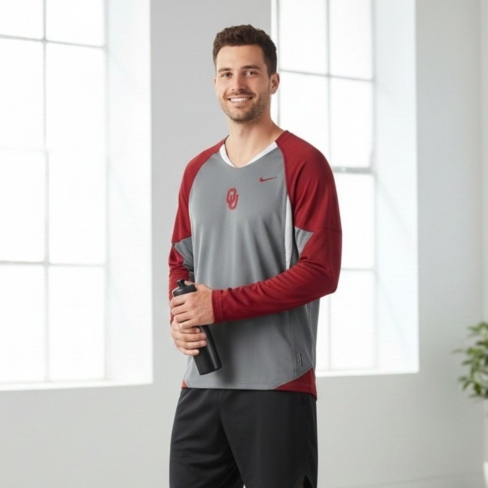 Nike Oklahoma Sooners OU Long Sleeve V-Neck Athletic Shirt Grey Red - Size S‎